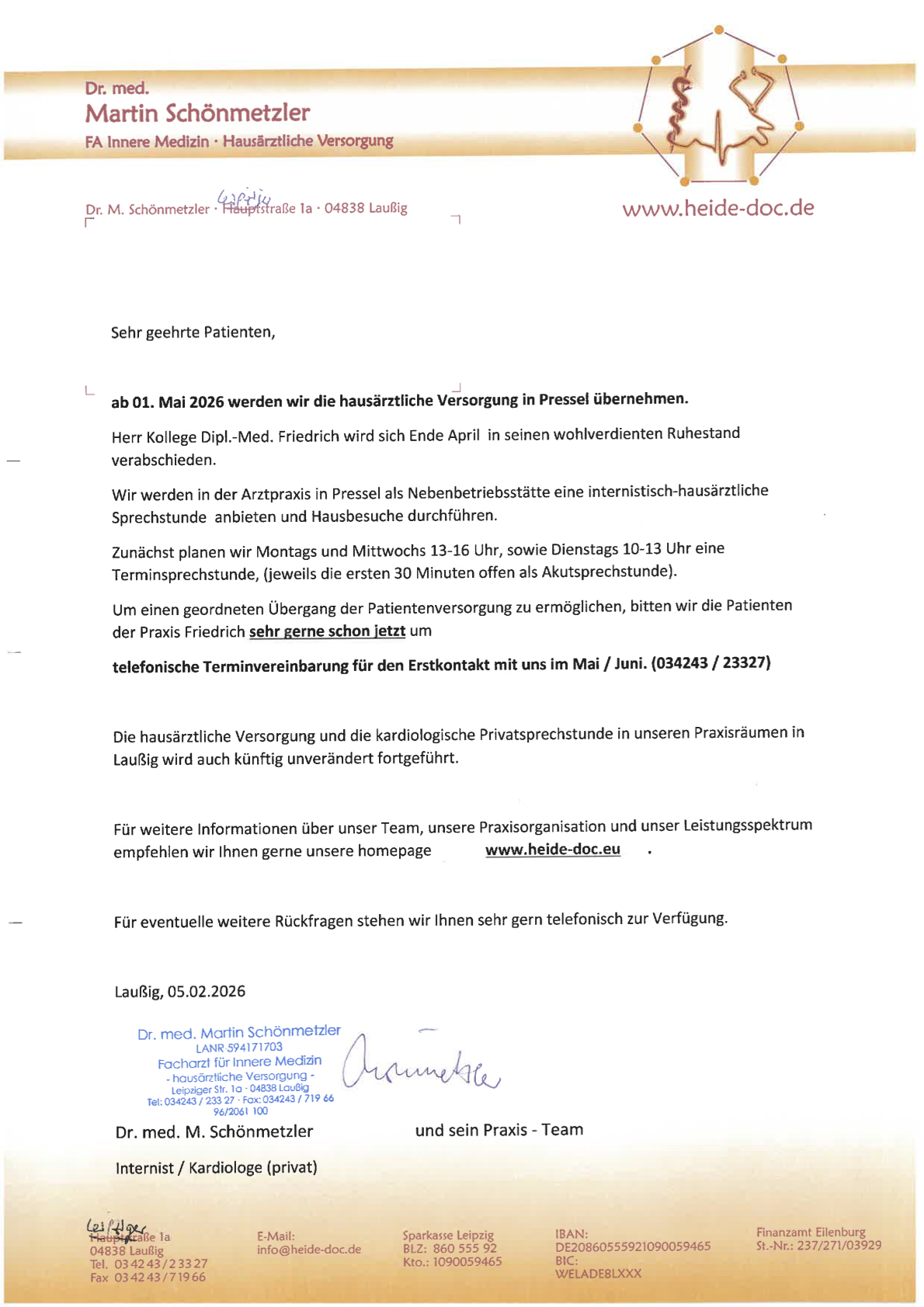 Übernahme der hausärztlichen Versorgung in Pressel durch Dr. med. Schönmetzler